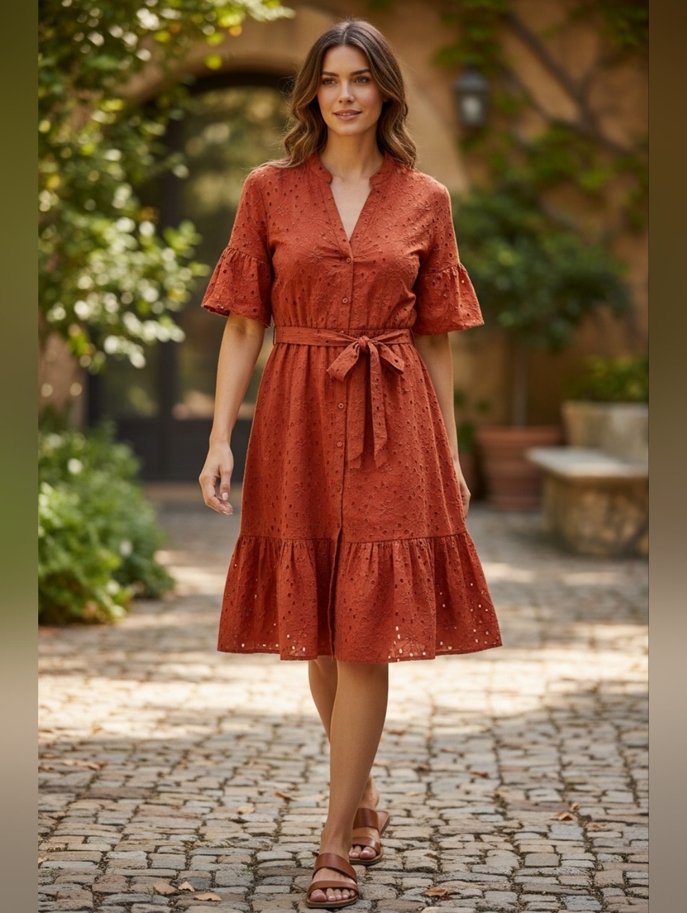 Women’s Eyelet Tie-Waist Dress in Rust